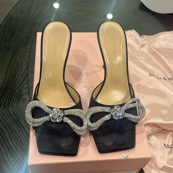 MACH & MACH Double Bow embellished satin mules